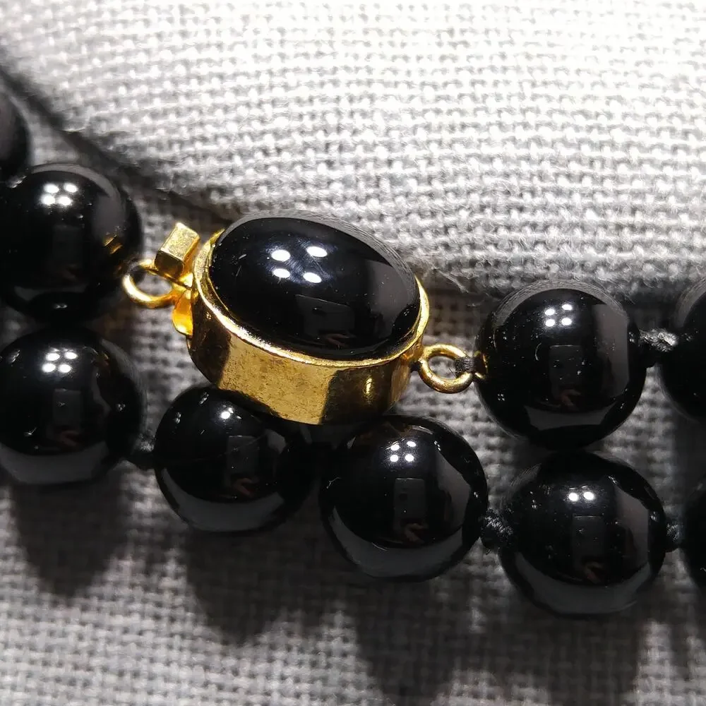 Vintage Onyx Beaded Necklace, Hand Knotted, Gold Tone Clasp, Quartz Tested 1980s